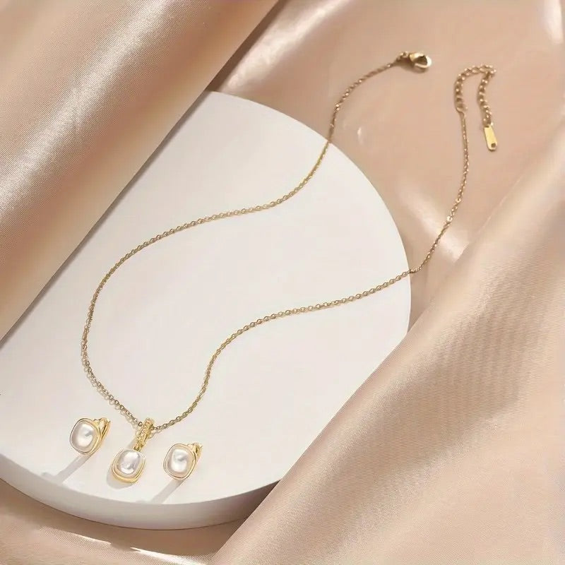 3pcs stainless steel jewelry set with chain, stud earrings, and CZ pendant—elegant, unisex, and perfect for daily or party wear