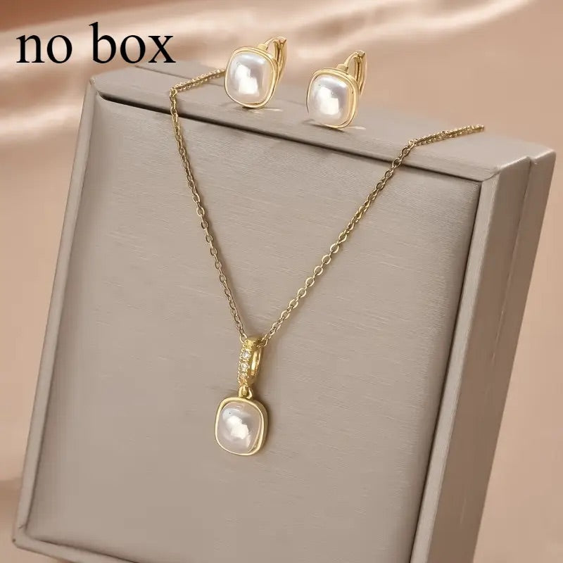 3pcs stainless steel jewelry set with chain, stud earrings, and CZ pendant—elegant, unisex, and perfect for daily or party wear