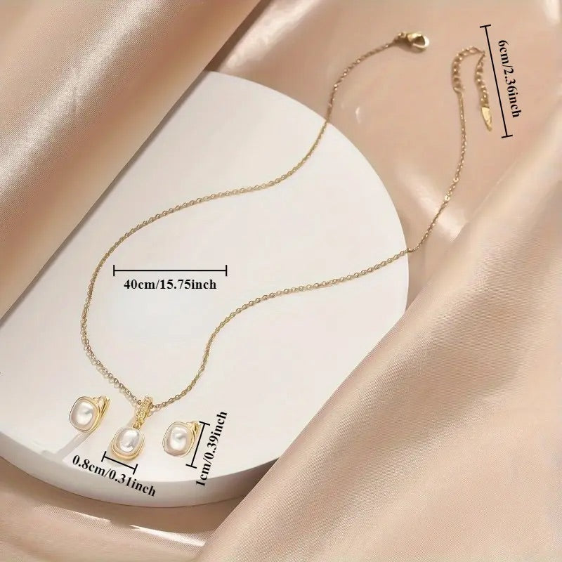 3pcs stainless steel jewelry set with chain, stud earrings, and CZ pendant—elegant, unisex, and perfect for daily or party wear